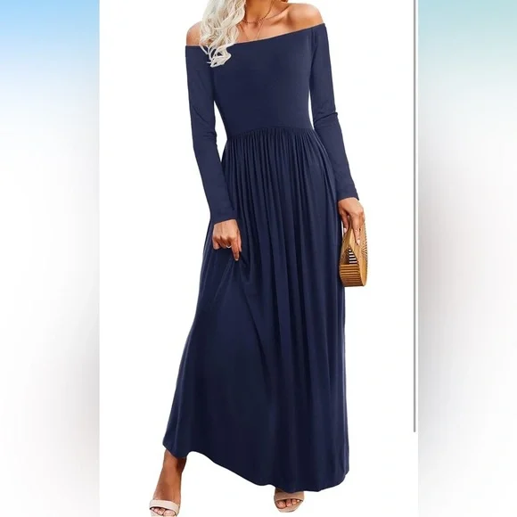 Stretchy Navy Off Shoulder Long Sleeve Maxi Dress Maternity Friendly Size L - Picture 1 of 10